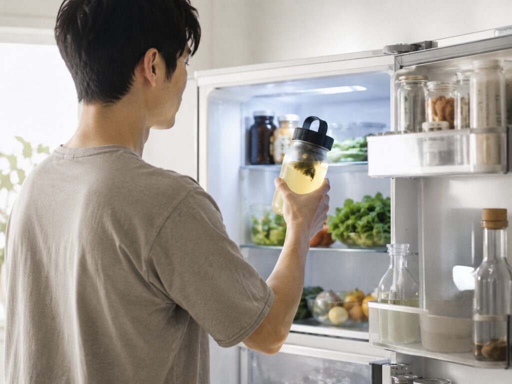 冷蔵庫からボトルを取り出す男性